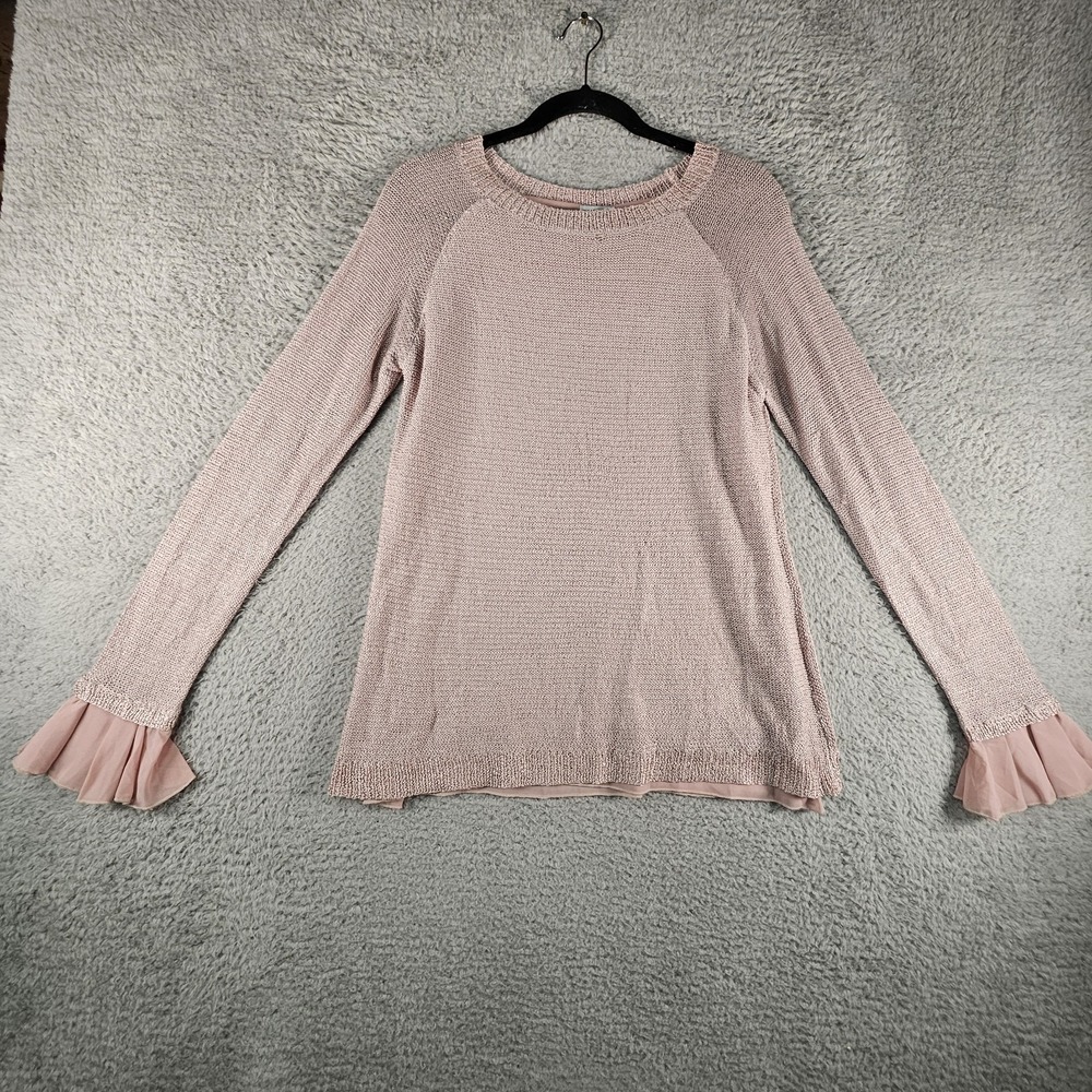 Sioni Sweater Womens M‎ Pink Crochet Flutter Sleeves Chiffon Split Back Coquette